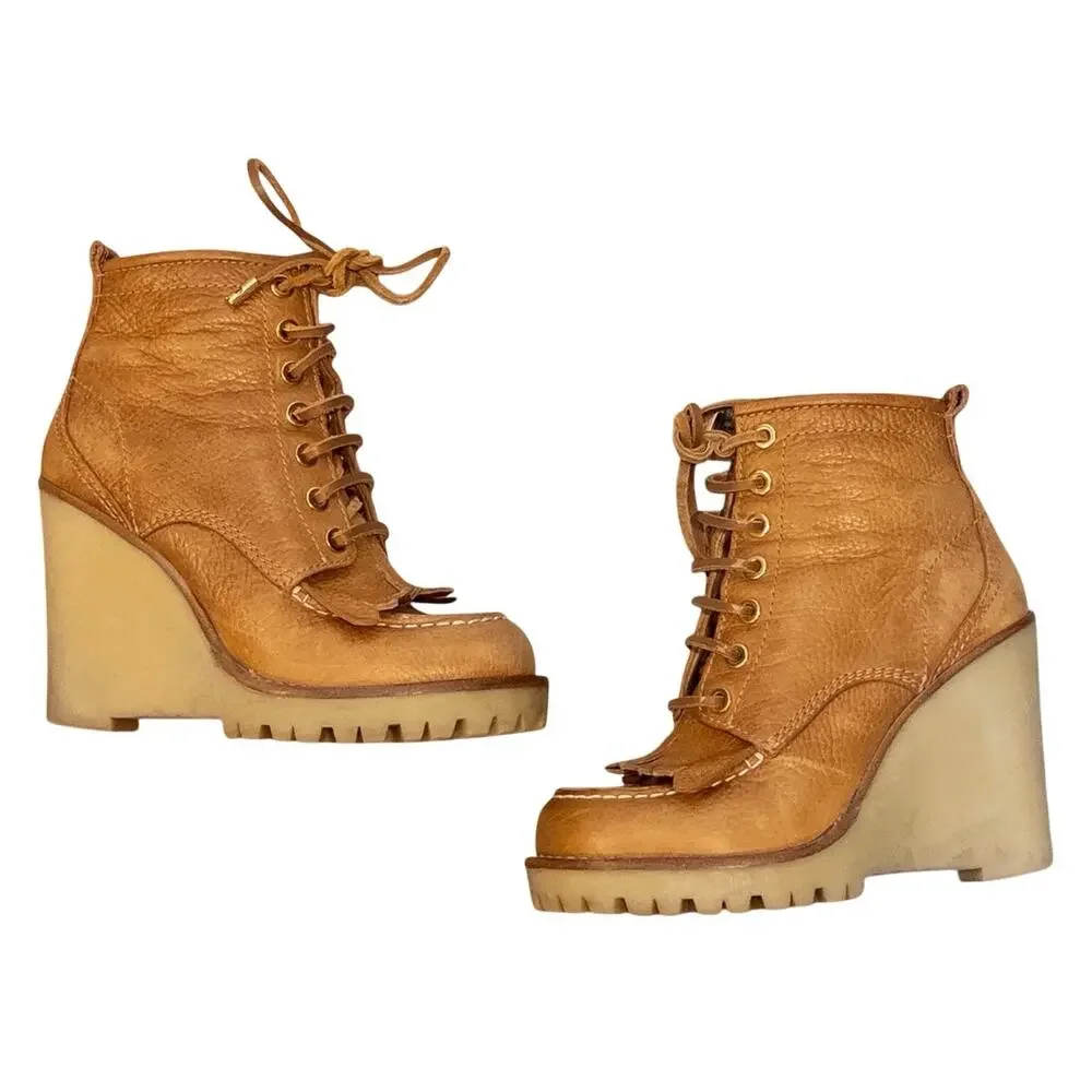 Tory Burch Howard Tan Leather Fringe Lug Wedge Boots Women’s 6